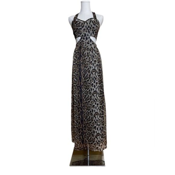 Sans Souci Leopard Print Halter Maxi Dress Cut-Out Leopard Print Size Small NEW - Picture 2 of 10